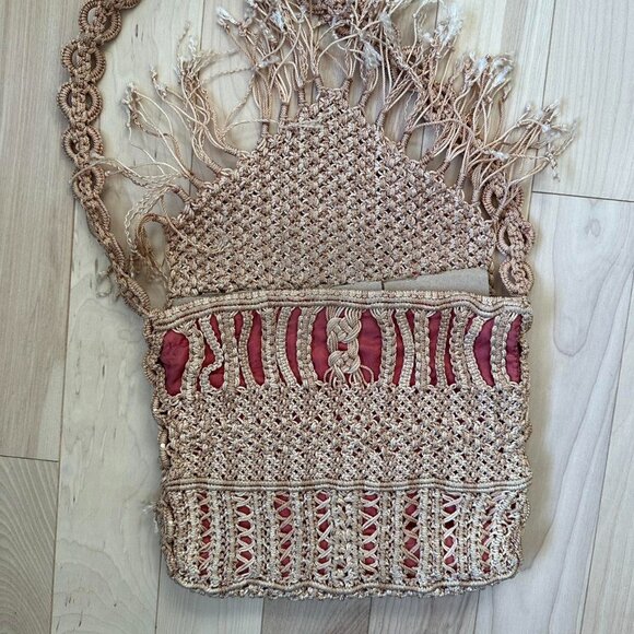 Vintage Macramé Purse – Fringe Detail & Red Satin Lining - Picture 3 of 7